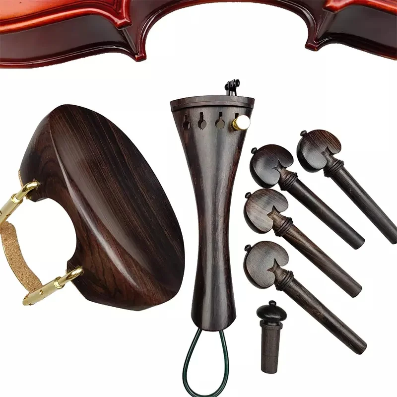 Natural Color Ebony Violin Accessory Set with Pegs, Chin Rest, Tailpiece, Endpin, Finetuner, and Bracket