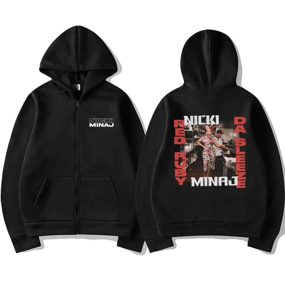 Rapper Nicki Minaj 2023 Music Album Red Ruby Da Sleeze Zipper Hoodie Men Women Vintage Hip Hop Sweatshirt Oversize Zip Up Jacket