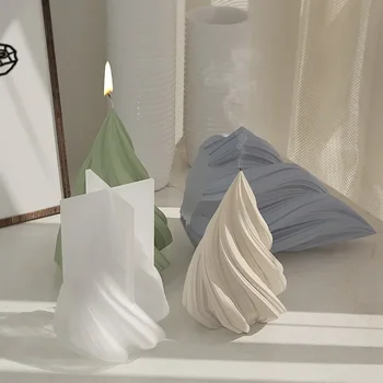 LSLANSOON 3D Conical Irregular Candle Mold Silicone Abstract Spiral Stripe Candle Mold Decor Rotate Christmas Tree Candle Mold
