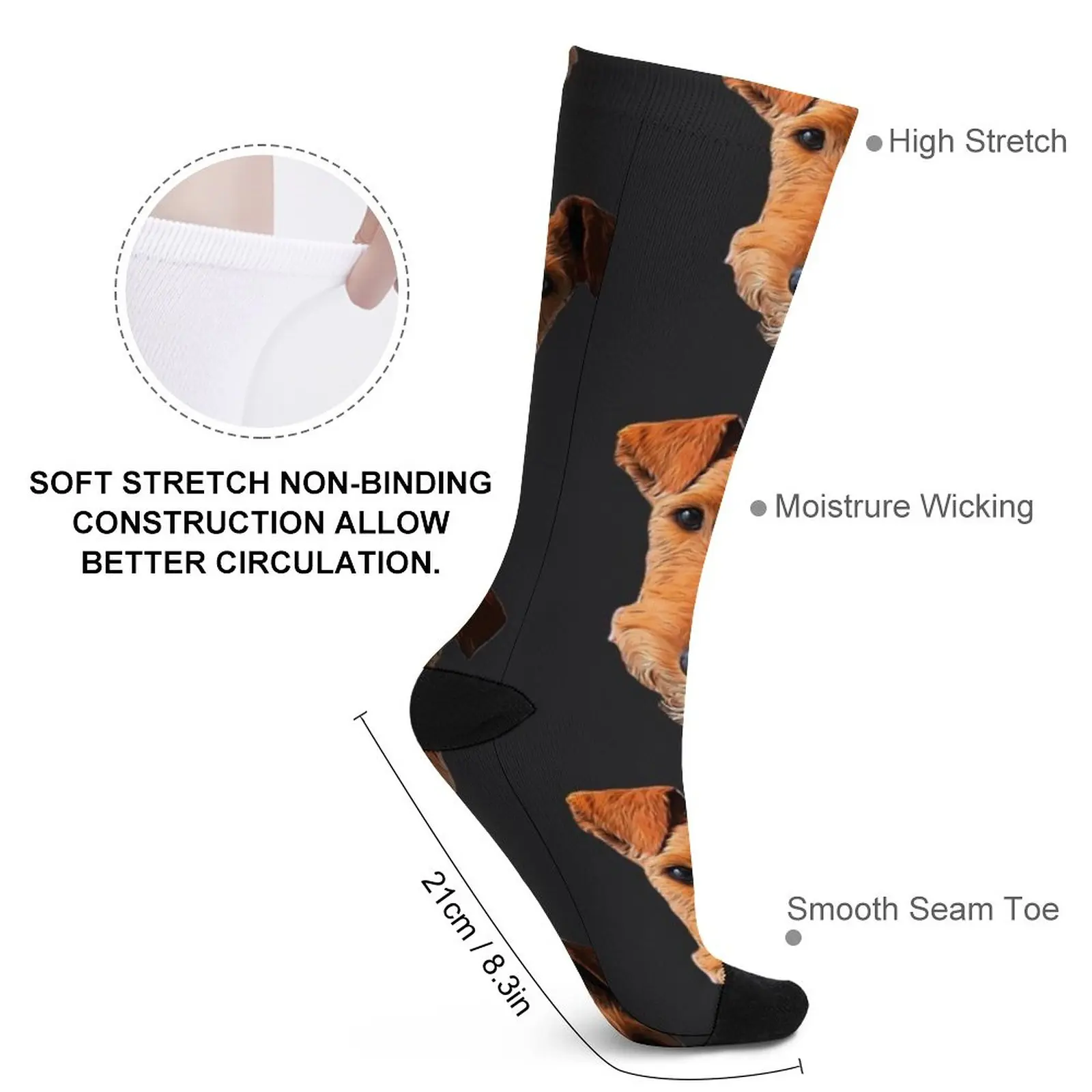 Airedale Terrier Head Art Lakeland Welsh Socks Women's socks high MEN FASHION Cartoon characters socks