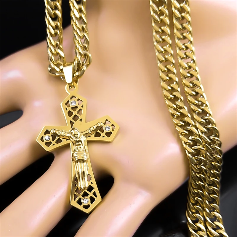 Gold Stainless Steel Jesus Christ Crucifix Pendant Necklace - Religious Punk Jewelry