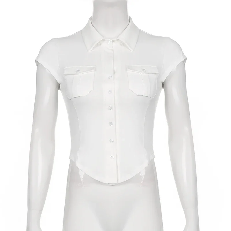 Description Picture 6 of itemKorean Style Turn-down Collar Crop Tops For Women 2025 Summer Slim White T Shirts Woman Buttons Tees Short Sleeve Tshirt Mujer