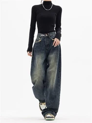 Women's High Waist Dark Blue Wide Leg Jeans Casual Pants Vintage American Street Style Female Loose Straight Denim Trousers