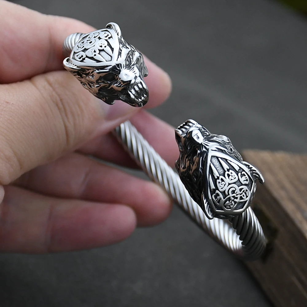 Men Stainless Steel Viking Wolf Geri and Freki Bear Paw Head Bangle amulet Bracelets for Male Gift 2
