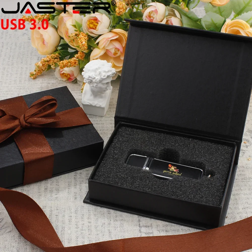 Memoria USB de regalo de alta gama JASTER de 128 GB 3.0 de cuero negro, memoria USB de 64 GB, memoria USB de 32 GB, caja de cartón, logotipo de REGALO, regalos de boda