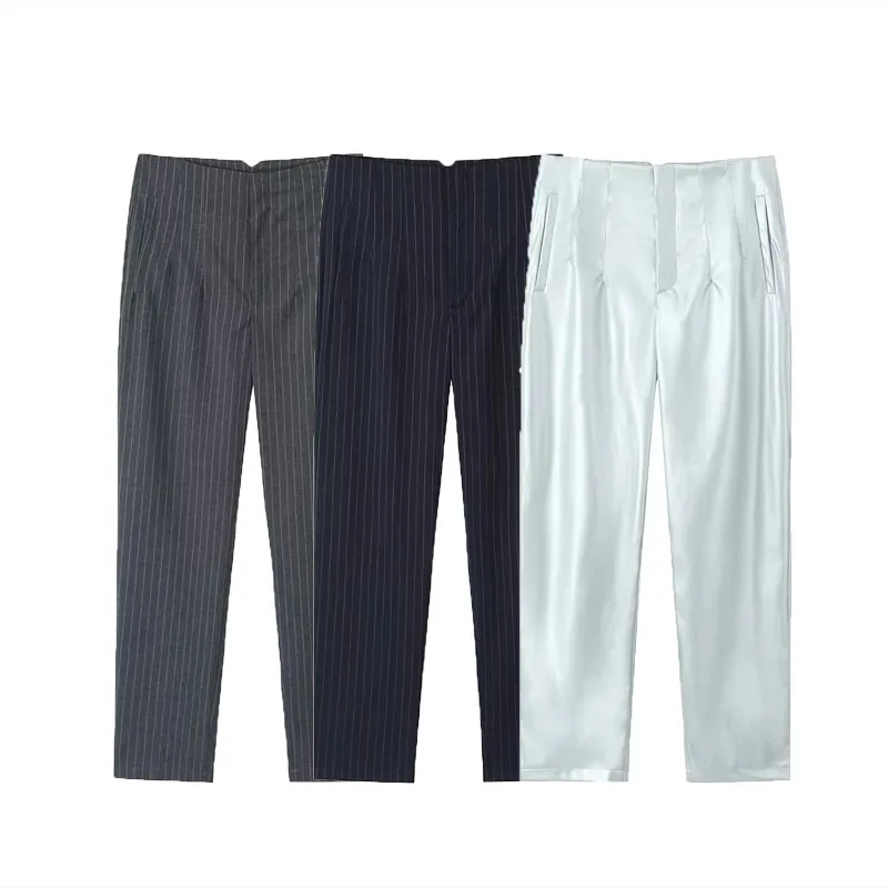 

TRAF Womens Simple High Waist Pant Autumn Vintage Striped Pencli Trousers Female Fashion Silvery Fitted Pants Streetwear 2023