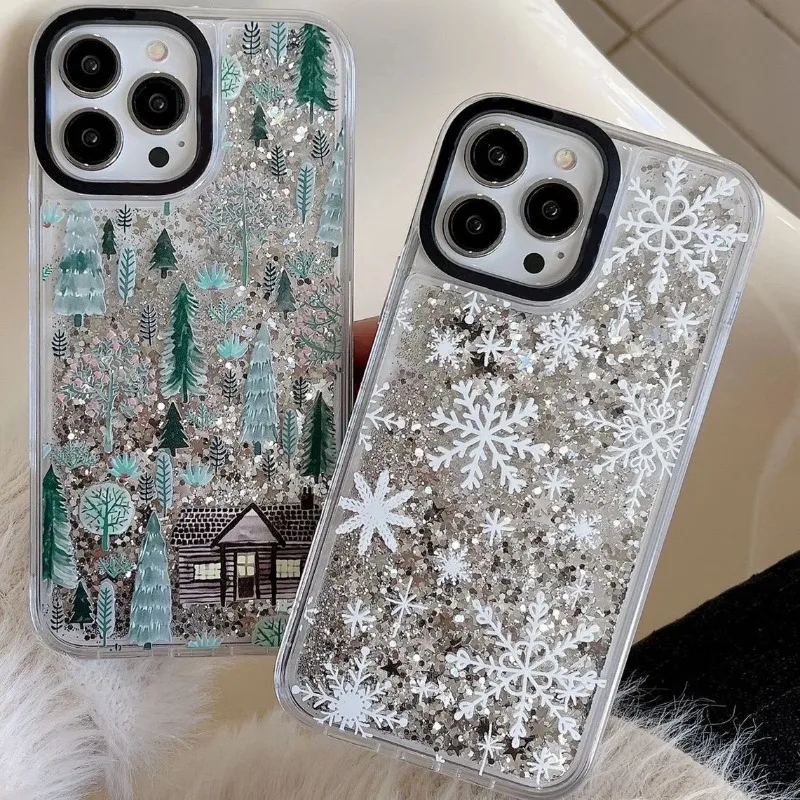 Silver Quicksand Christmas Snowflake Cover Trasparente Per Telefono Con Bordo Per Iphone 12 13 14 15 Pro Max Custodia Per Iphone 15 Pro