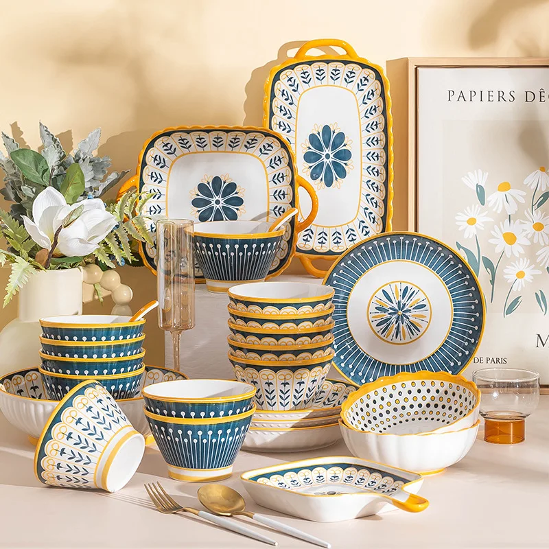 Fashion leaves ripple dish set home Japanese simple ceramic plate bowl bowl chopsticks large rice