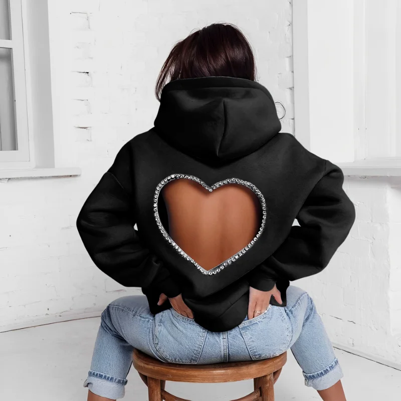 2023 Autumn and Winter New Hot Diamond Butterfly Sweater Thick Black Loose Hooded Loose Pullover Casual Top Crewneck Sweatshirt