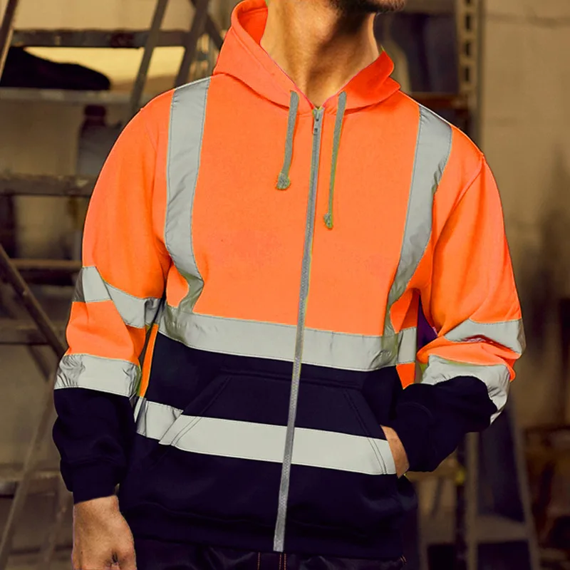 Men's Reflective Hooded Sweatshirt Winter Fleece Color Block Zipper Jacket Sanitation Worker Uniform High Visibility Work Clothe