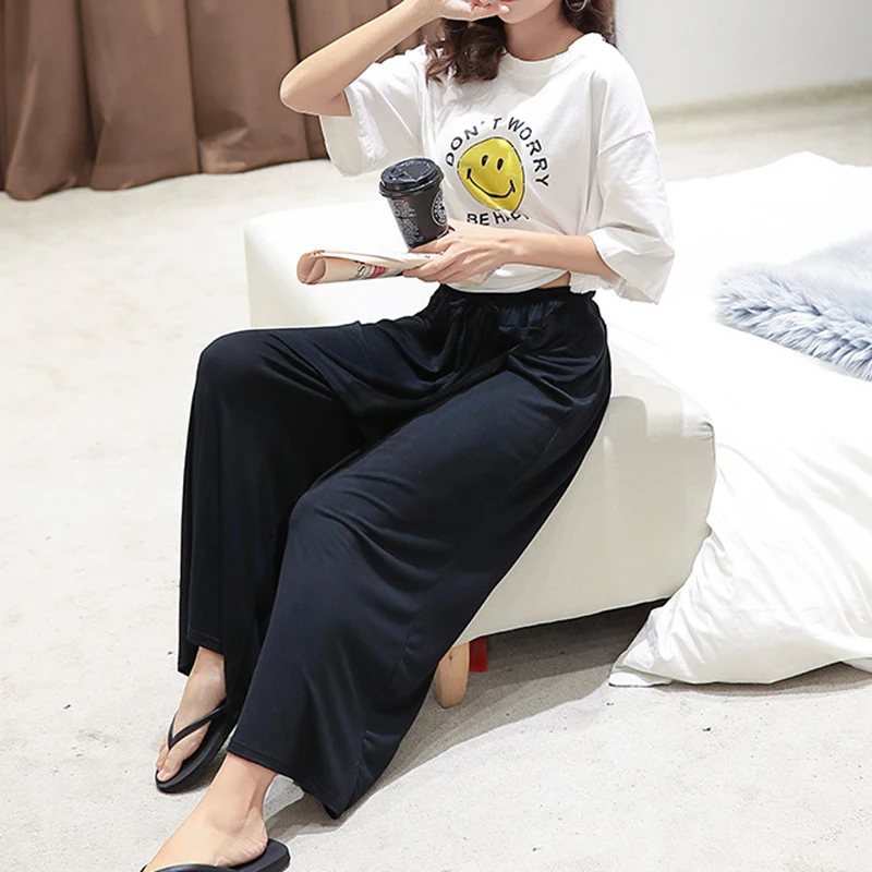 Casual 2025 Lady Trend Elastic Waist Drawstring Lace-up Straight Loose Wide Leg Pants Solid Trouser Summer Solid Women Clothing