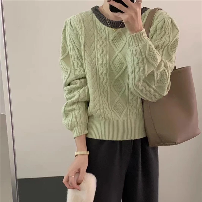 

Женский винтажный вязаный пуловер, трикотажный плотный свободный свитер с круглым вырезом и длинными рукавами, корейский стиль, Осень-зима