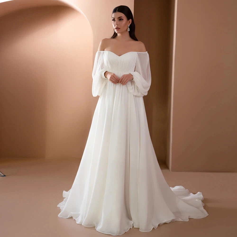 

Beautiful White Flat Neck With Exposed Back Wedding Dresses Women Elegant Sheer Long Sleeved Bridal Gowns Dresses Reception Gown