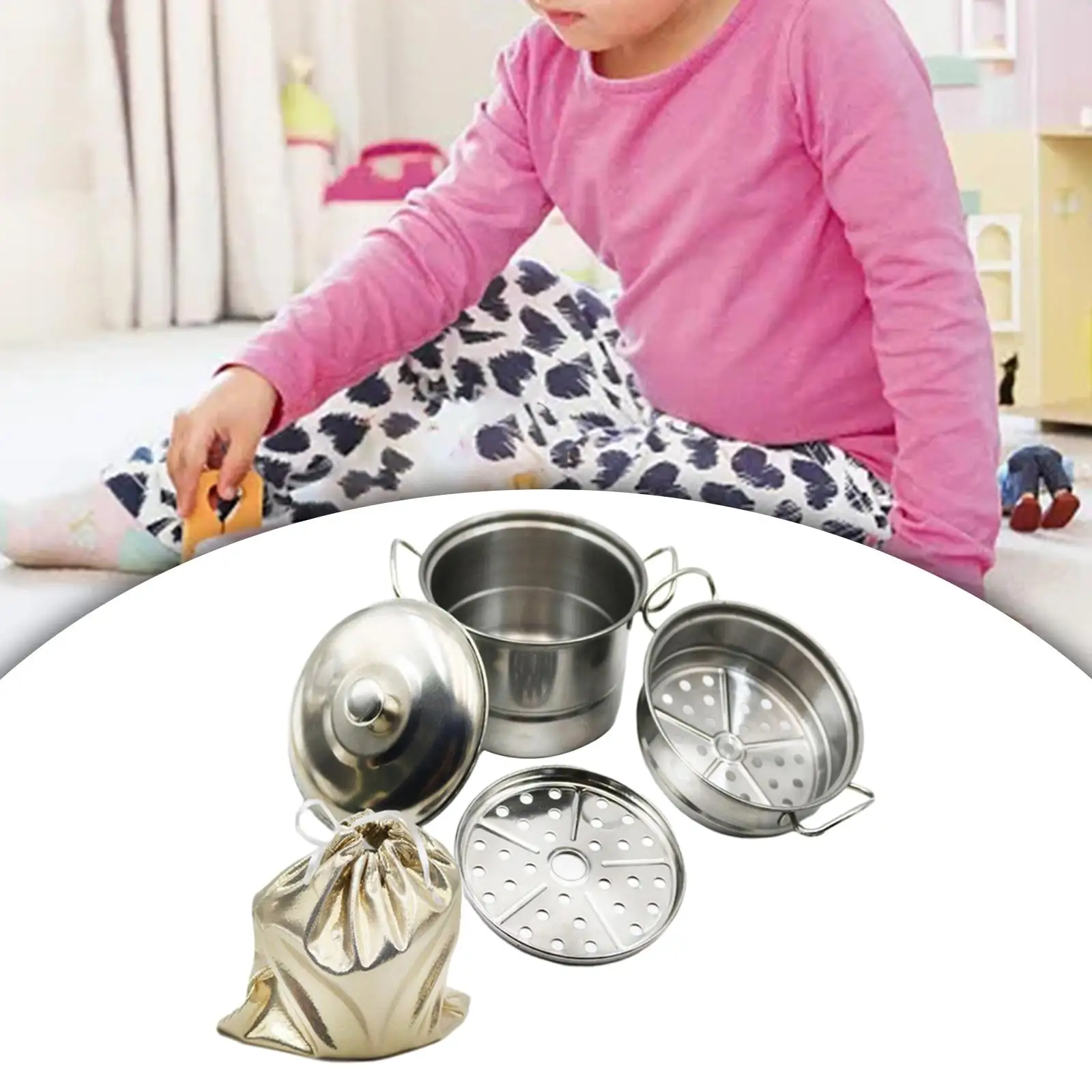 Kitchen Pretend Cooking Toy for Kids Portable Stainless Steel Pot Simulated Cookware Kitchen Toy for Children Girls Boys Gift