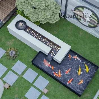 Rock slab fish tank flowing water, fish pond landscape water system landscaping altar custom outdoor sunscreen fish box