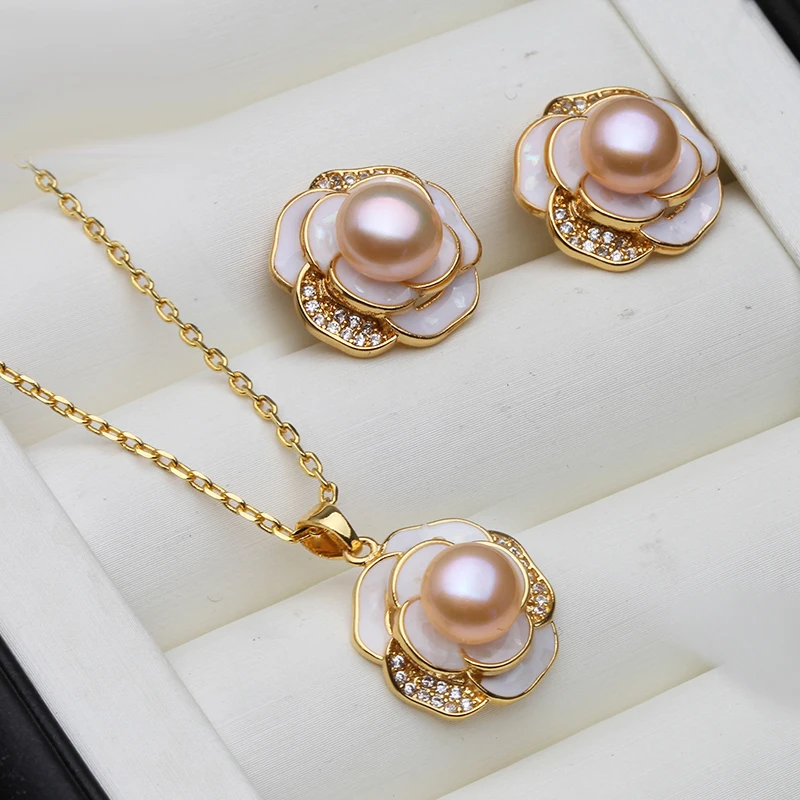 Real Natural Pearl Necklace And Earrings Set For Women,Cute Freshwater Pearl Set Engagement For Customers White Black