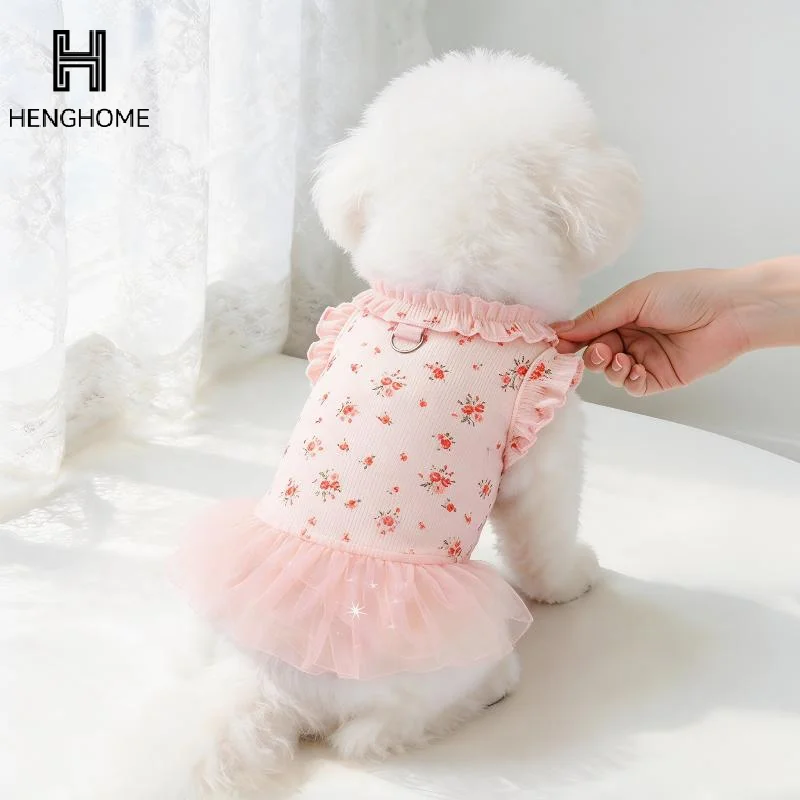 1Pcs 테디 꽃무늬 플라잉 슬리브 조끼 강아지 옷 애완견 봄 메쉬 패치워크 푹신한 드레스 소형견 강아지 옷