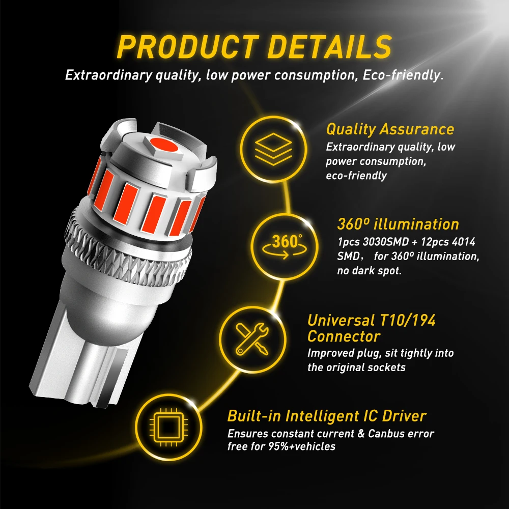 AUXITO 194 501 LED 캔버스 자동차 인테리어 조명, 오류 없음, 화이트 앰버 레드, BMW E60 E46 E90 파사트 B6 골프 7 푸조용, T10 W5W, 2 개