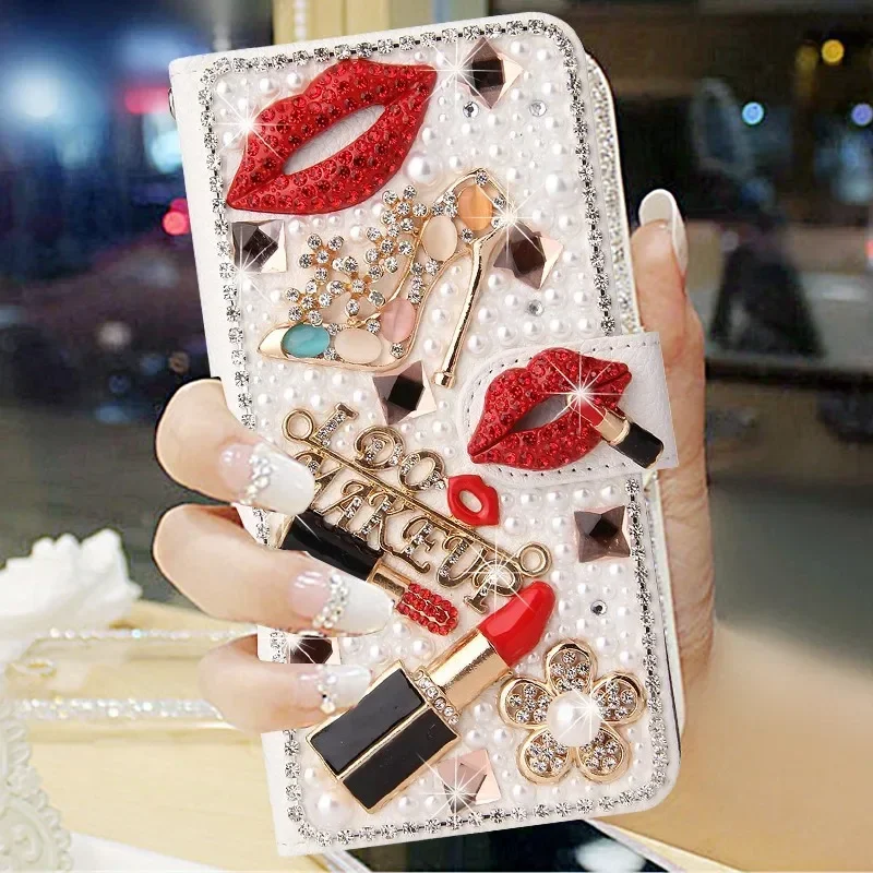Bling Diamond Rhinestone Flower Case for iPhone, 11, 12, 13, 14, 15 Pro Max, Leather Magnetic Flip Wallet, Book Cover