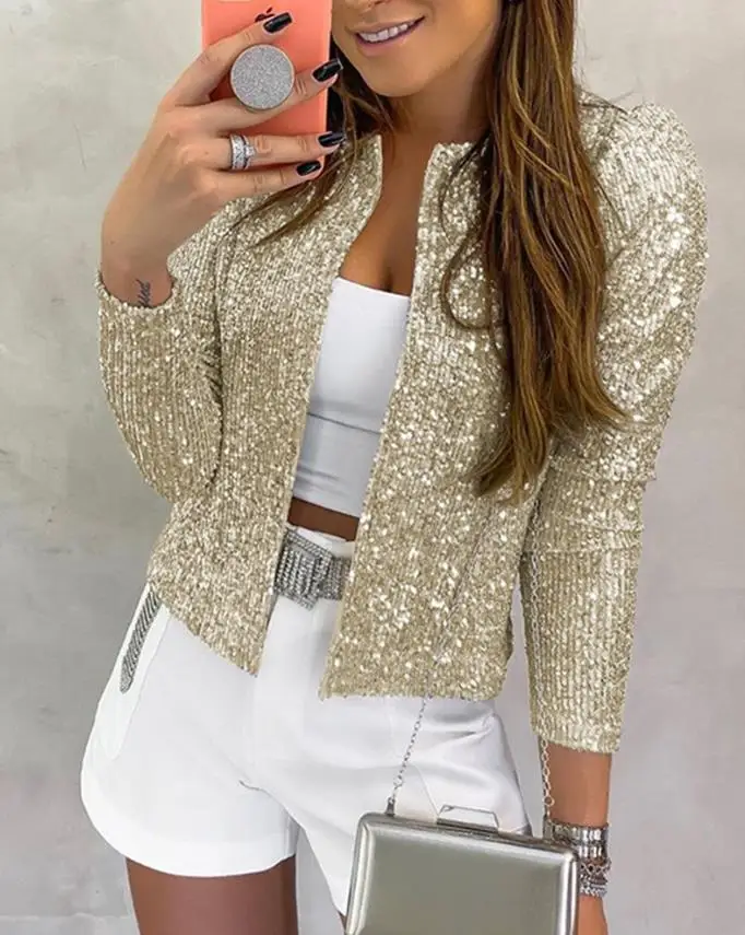 2023 New Autumn Winter Women's Long Sleeve Open Front Sequin Party Elegant Coat Long Sleeve Fashion Temperament Commuting jumpsuit women 2023 autumn winter new fashion casual elegant contrast paneled sequin patch belted jumpsuit temperament commuting