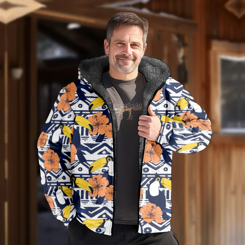 New Creative Cotton Coat Hooded Sweater Casual Print Men's Fur Loop Arctic Velvet Zipper Patch Pocket Hooded Sweater a47