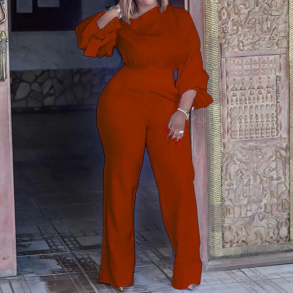 Temperament Commuting High Waist Wide Leg Long Pants Cow Oblique Shoulder Long Sleeve European and American jumpsuit Large Women