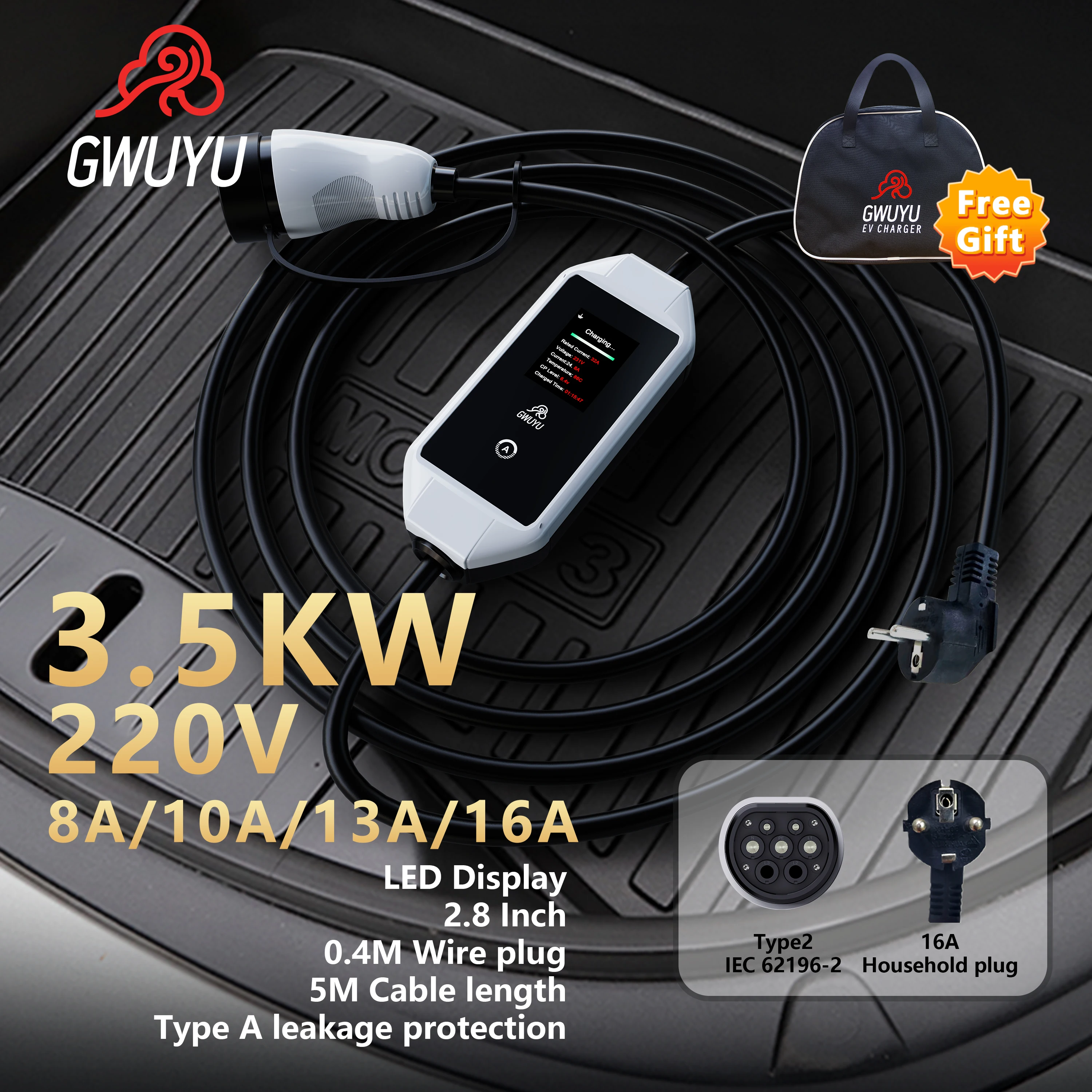 

GWUYU M64 EV Portable Charger Type 2 Plug Adjustable Current 16A 32A 3.5KW 7.6KW 5M Cable for Electric Vehicle Car 2.8 Inch Led