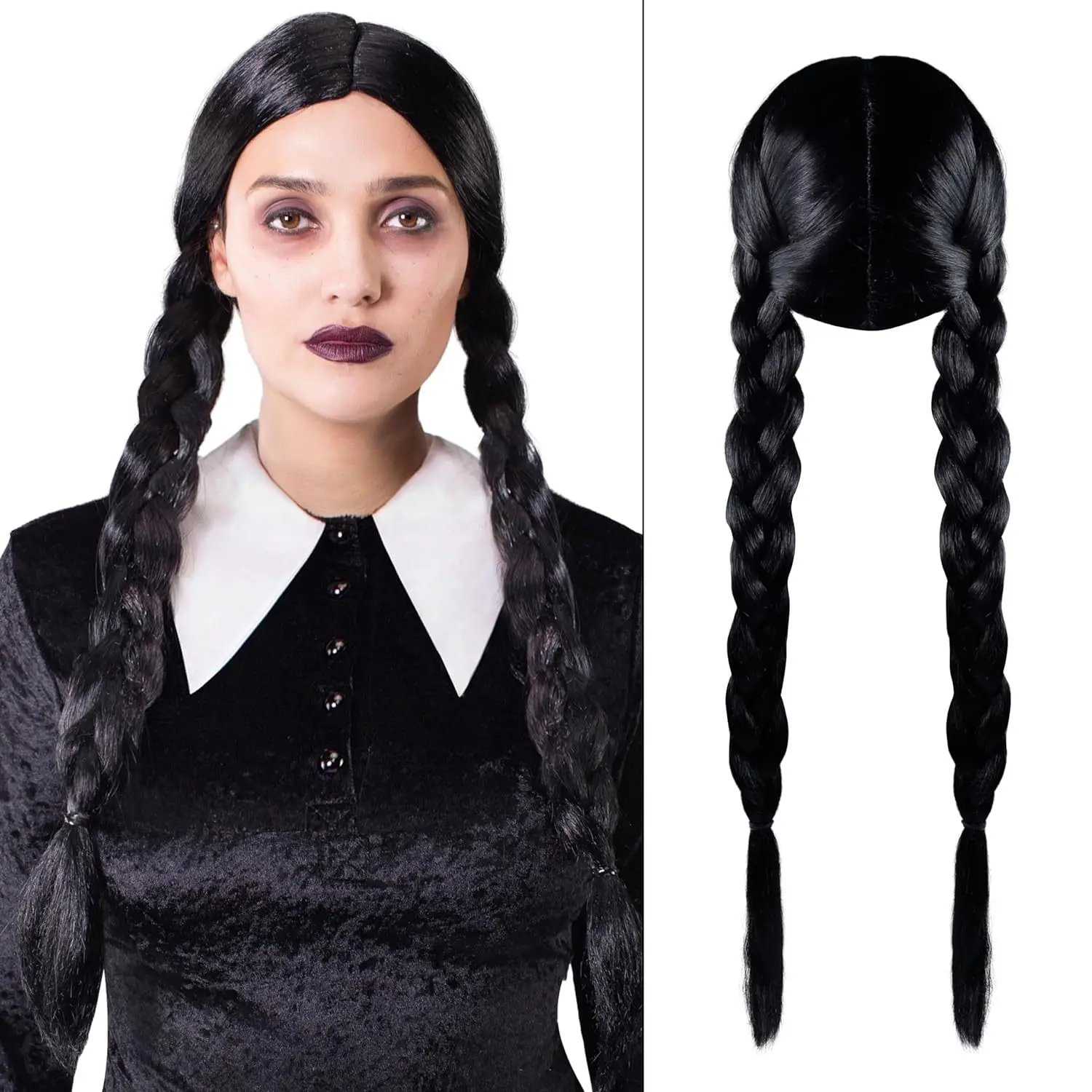 Black Twin Braids Synthetic Wig, Classic Long Braid Wig for Wednesday Cosplay, Halloween and Costume Party