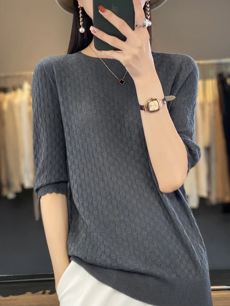 Aliselect Short Sleeve Women Knitted Plaid Sweaters 100% Pure Merino Wool Cashmere Spring Fashion O-Neck Top Pullover Clothing