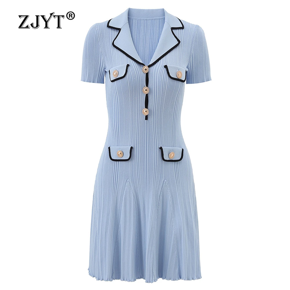 ZJYT Elegant Summer Knit Dress Sweaters Women 2026 New Short Sleeve Turn Down Collar Blue Casual Knitwears Elegant Dresses Party