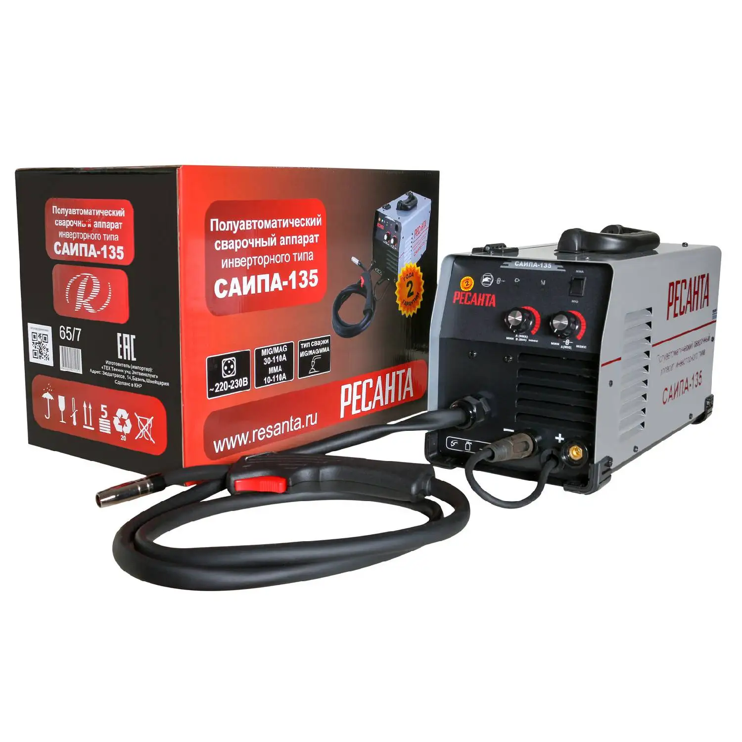 Аппарат сварочный инверторный полуавтоматический РЕСАНТА САИПА-135 (Сварочный ток 10-110 А, продолжительность включения 	70%110А, функция MMA)