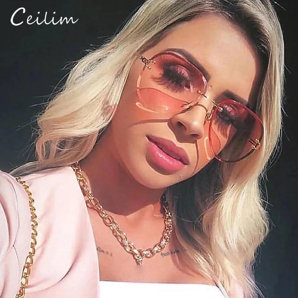 

2023 New Luxury Brand Design Vintage Rimless Pilot Sunglasses Woman Man Retro Oversized Lens Gradient Sun Glasses Female UV400