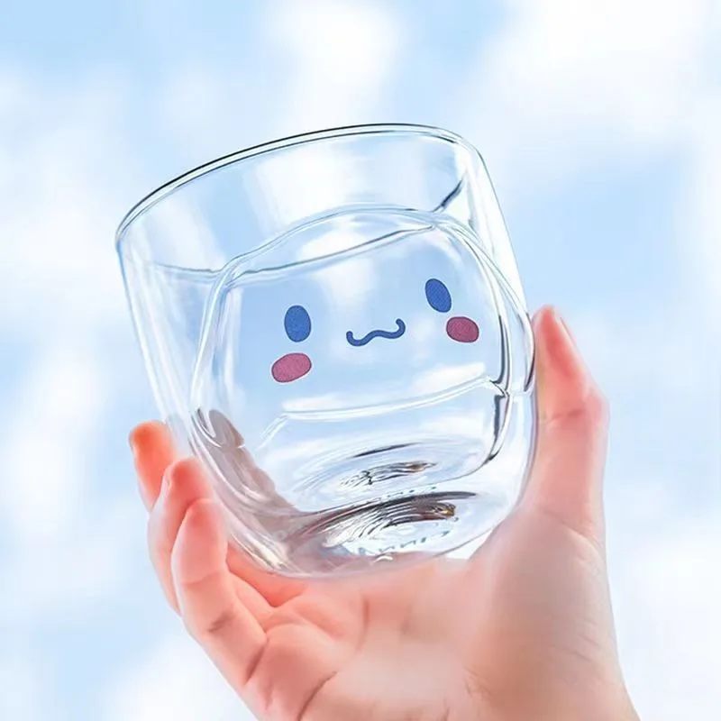 산리오 헬로 키티 쿠로미 유리 컵, 더블 레이어 내열성 물컵, 화상 방지 우유 커피 컵, 여자 친구 선물, 300ml