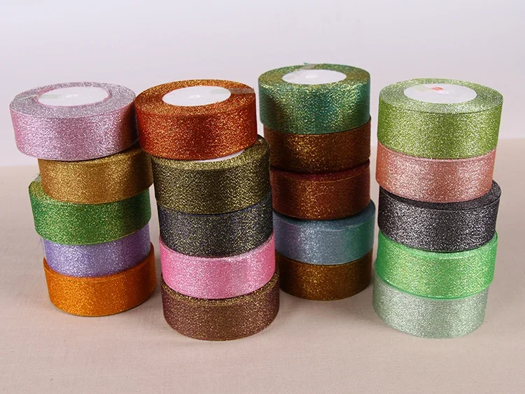 Gold Silver & Pink Blue Glitter Metallic Ribbon for Holiday & Party Decorations - 40mm Wide