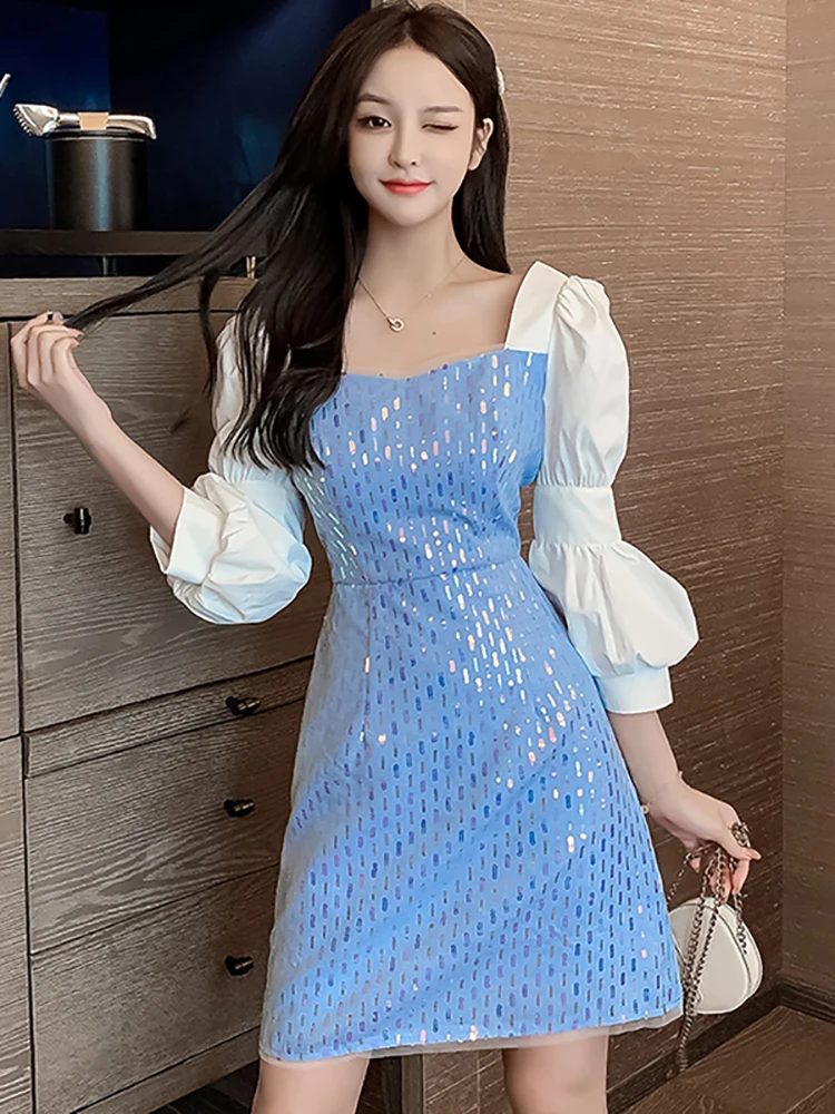 

Fashion Sequins Patchwork Square Collar Sexy Mini Dress Autumn Winter Elegant Women Party Vestidos 2023 Korean Casual Prom Dress