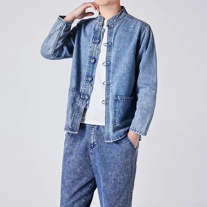 Men Chinese Style Shirt Autumn Men's Chinese Style Tang Suit Washed Denim Top Stand Collar Jacket Denim Jacket Men Casual Cotton coat Men