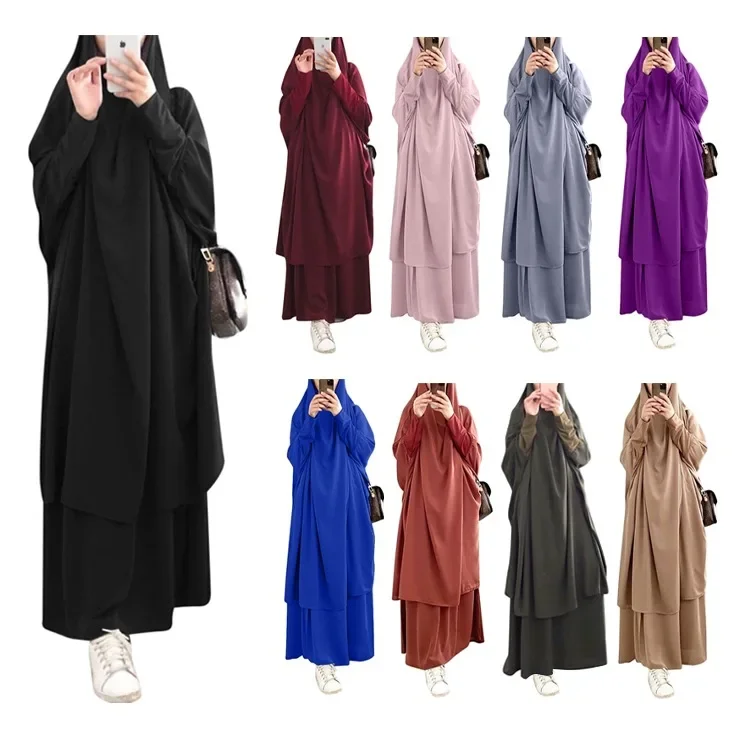 Ramadan Jilbab 2 Piece Abaya Khimar Set Muslim Women Prayer Garment Long Hijab Skirt Islamic Clothing Djellaba Dubai Niqab Burka