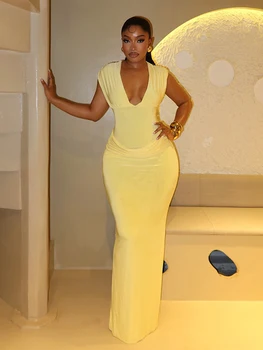 Sexy Ruched Bodycon Maxi Dress Women Solid Sleeveless V-Neck Slim Long Dresses Female Party Evening Clubwaer Evening 2026 1