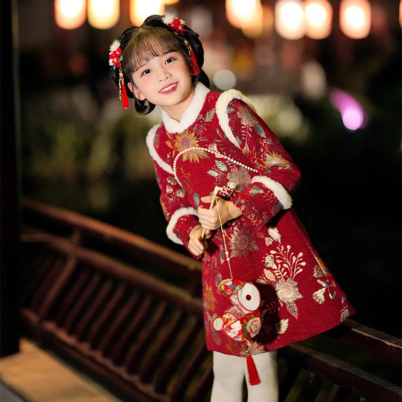 

2024 New Winter Qipao Dress Baby Girl Teenager Chinese New Year Clothes Red Embroidery Cheong Sam Dresses For Kids Girls