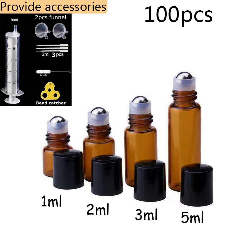 Refillable Cosmetic Bottle 100pcs 1ml 2ml 3ml 5ml Glass Roll On Bottles For Essential Oils Amber Refillable Glass Roller Metal Oil Vials Mini Bottle