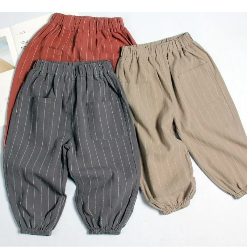 Boys Pants Boys Clothing Summer New Loose Striped Printed Kids Cotton Flax Fashion Casual Spliced Pocket Elastic Waist Harlan Pants