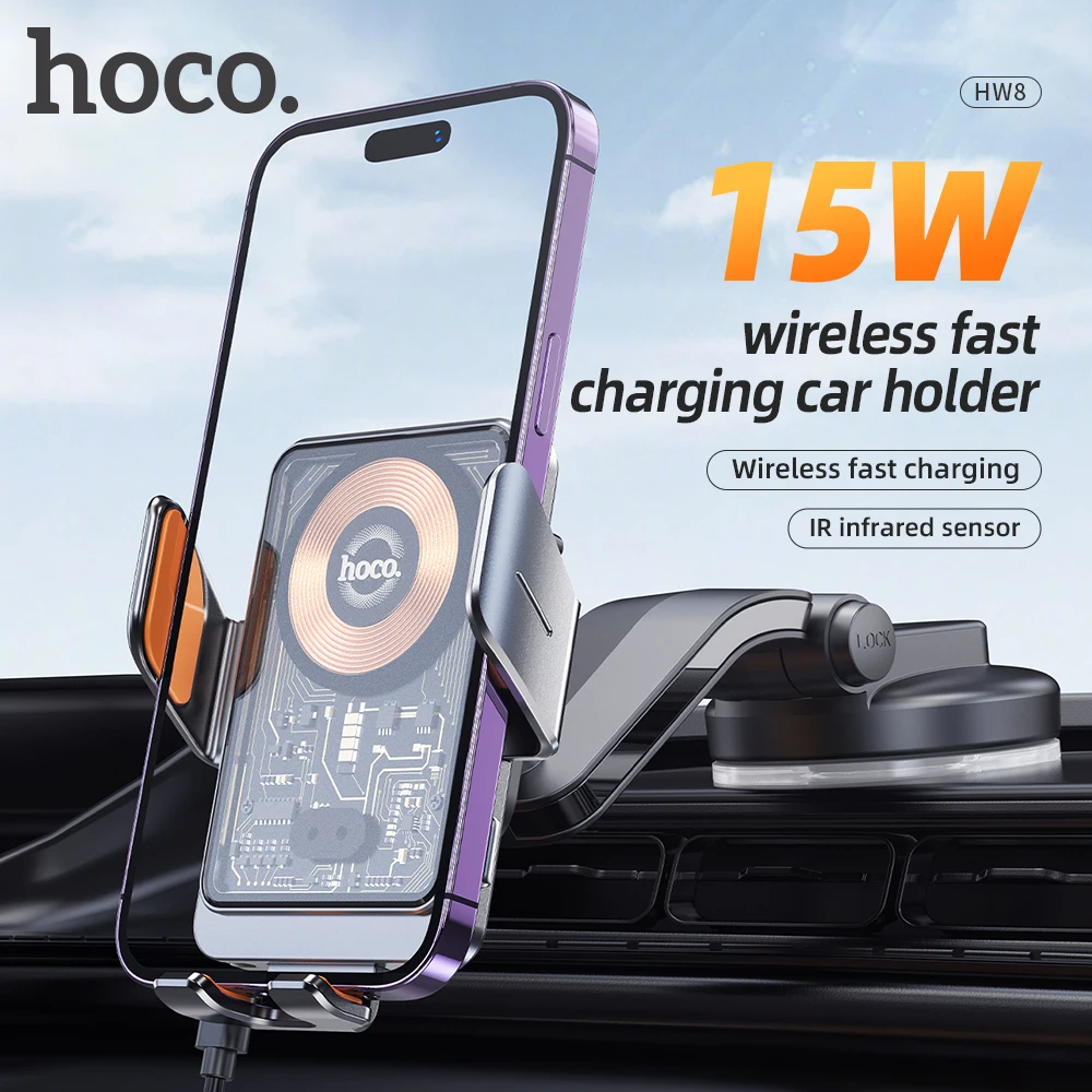 

HOCO 2in1 Wireless Car Charger Mount for iPhone 15 14 13 12 11 15W Fast Charging center console Transparent Car Phone Holder