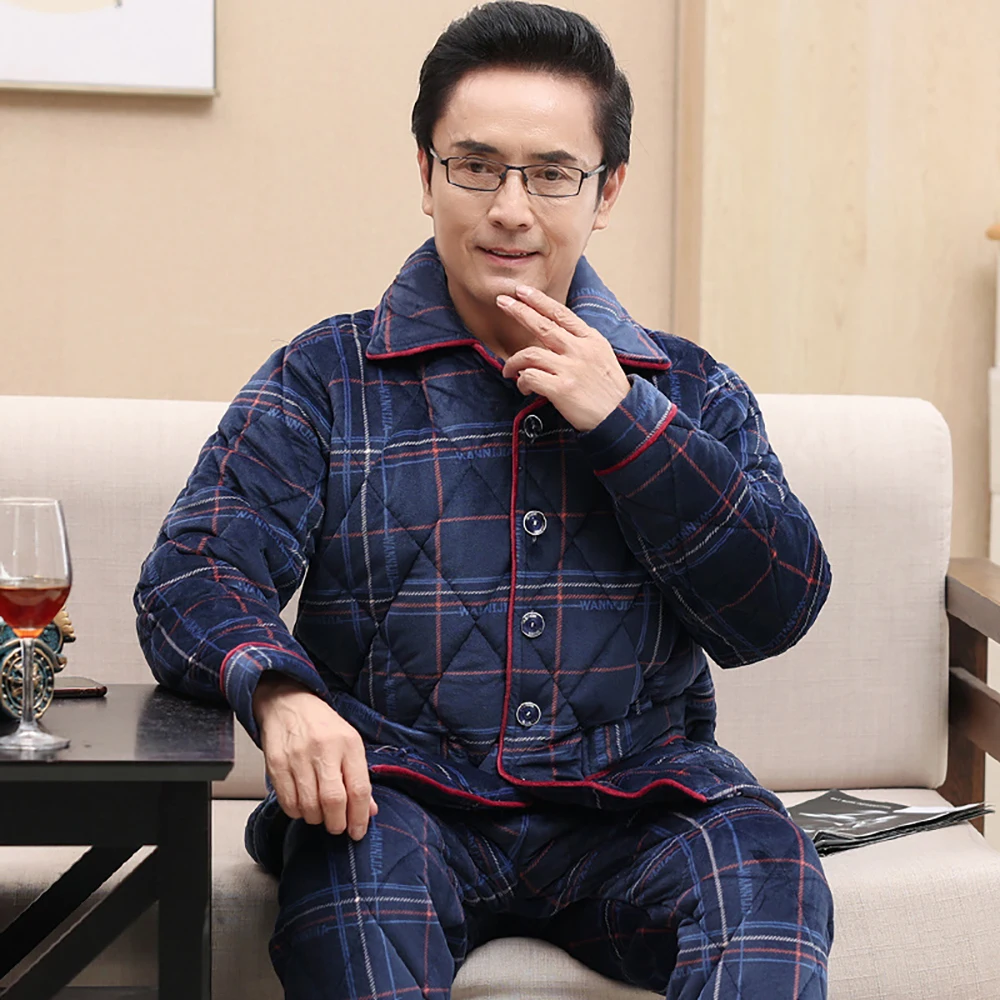 4XL Big Size Sleepwear for Sleeping 3-Layer Super Thicken Warm Flannel Senior Men's Winter Soft Pajamas Set Casual Plaid pijama