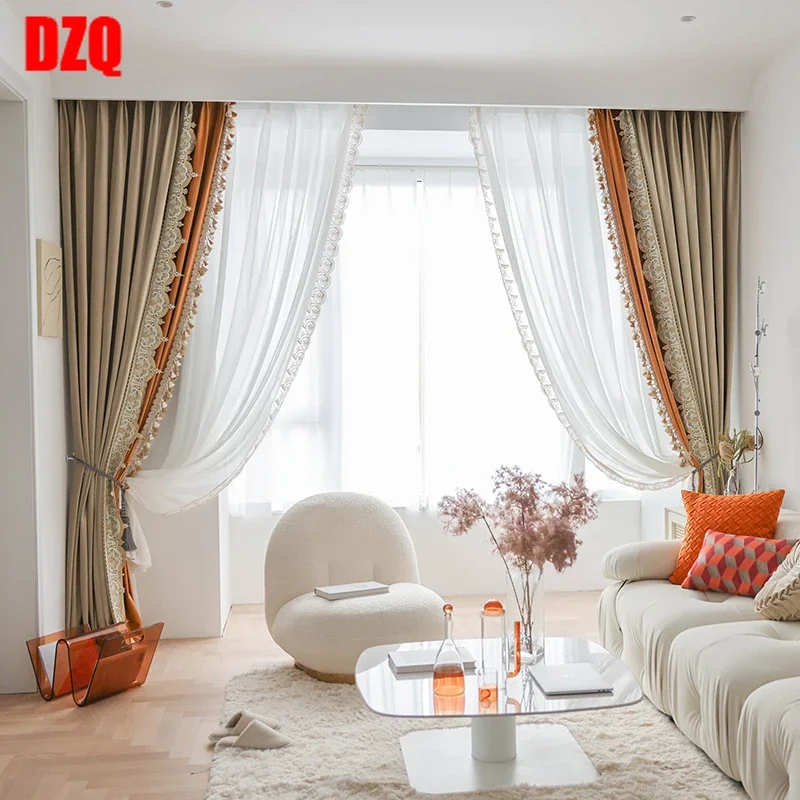 

Curtains for Living Room Luxury European Romantic French Light Luxury Velvet Lace Stitching Thickening Finished Product Curtains