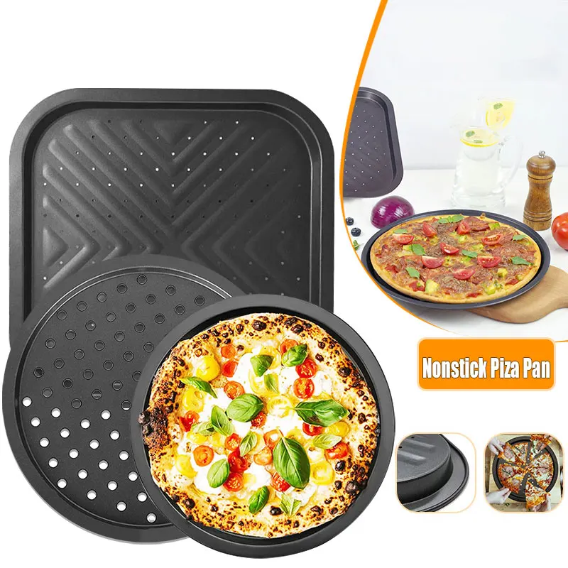 12/14inch Nonstick Baking Pizza Pan Carbon Steel Bakeware Pizza Tray Square Round Home Kitchen Crispy Oven Baking Pizza Pan