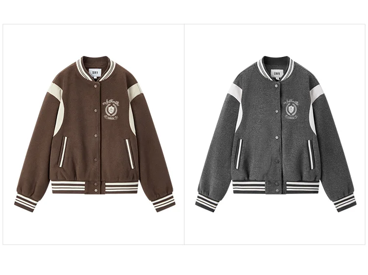 Coat Women Embroidery Patchwork Contrast Color Loose Jacket New Winter Imitation Woolen Baseball Jacket