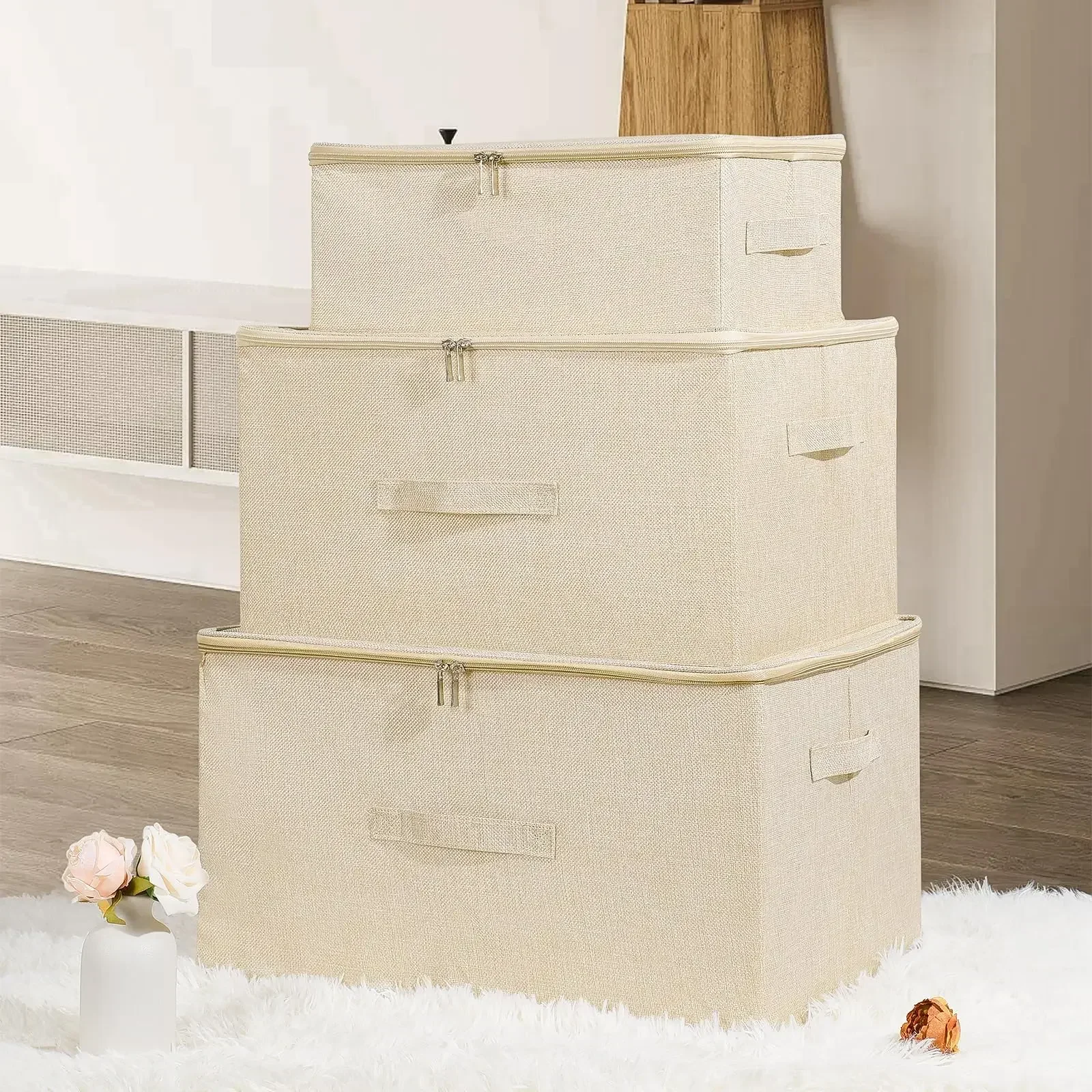 Clothes Storage Bins with Zipper Lid with Handles Foldable Lidded Cotton Linen Fabric Cube Basket Closet Organizer Container Box 4