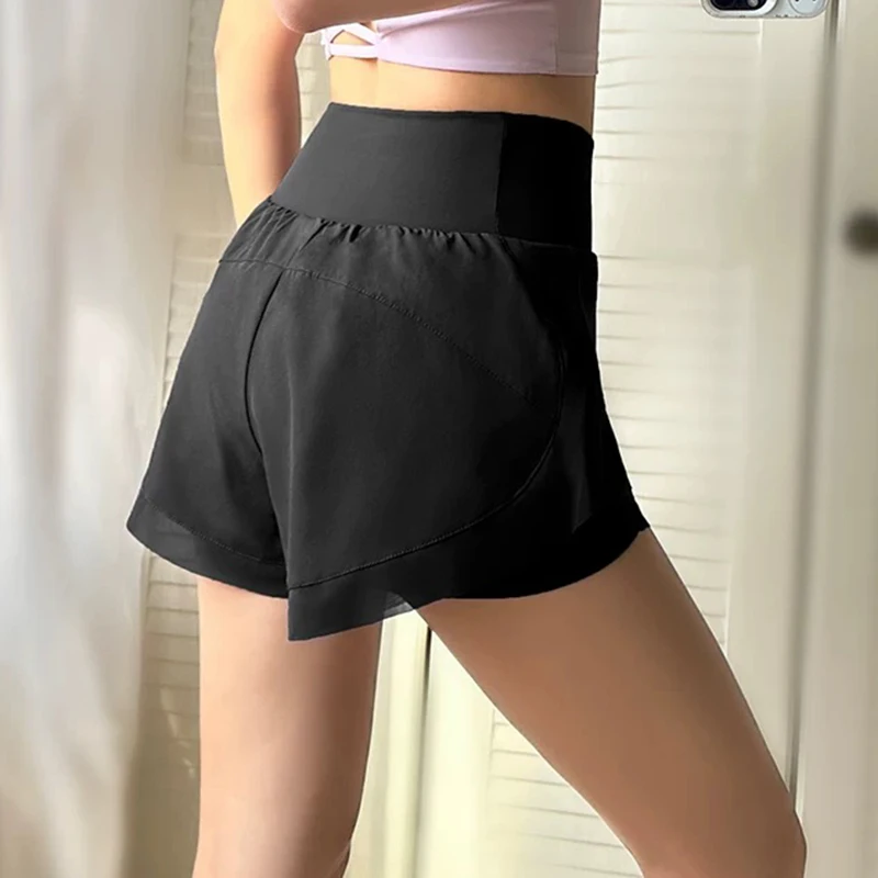 Damen-Yoga-Sportshorts, lockere Mesh-Fake-Zweiteiler, blendfrei, atmungsaktiv, lässig, zum Laufen, für Fitness – Detail 6