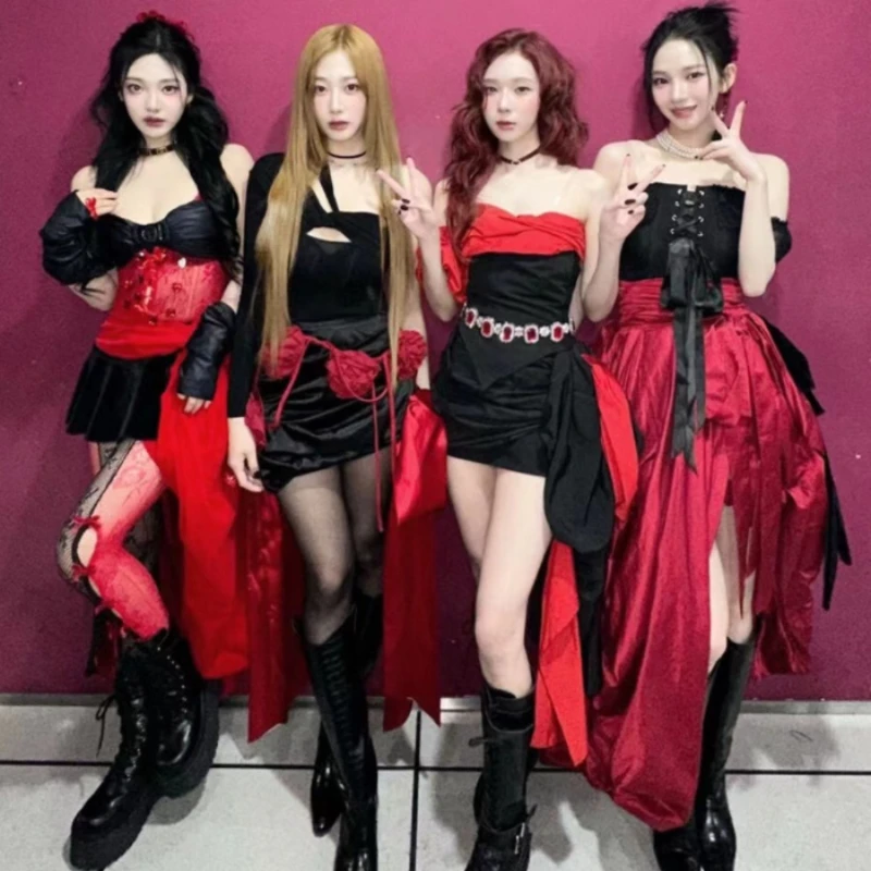 

Kpop Korean Women Group Concert Sexy Off-Shoulder Sling Vest Slim Crop Tops Irregular Bow Slit Lace-up Long Skirts Stage Outfits