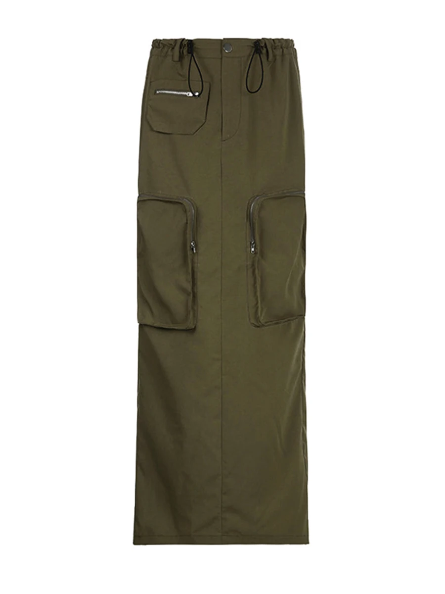 Women Y2k Cargo Long Skirts Drawstring Low Waisted Ruched Maxi Skirt with Pockets Retro Shirred